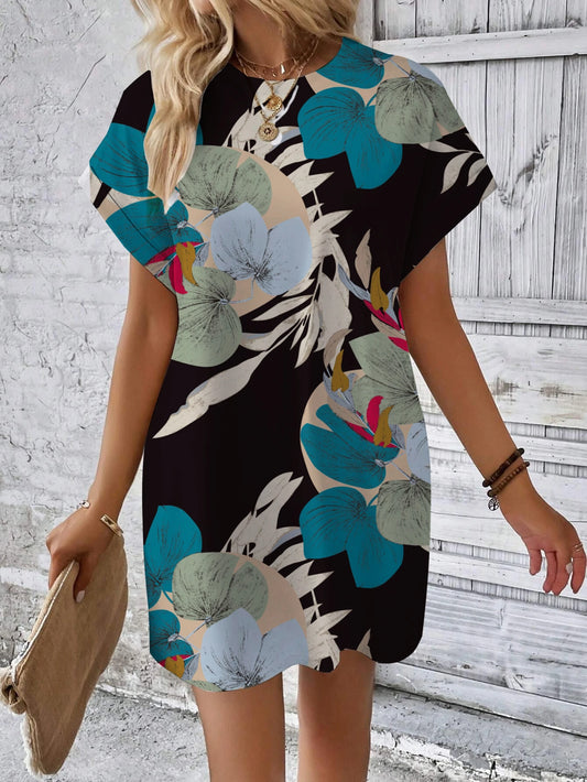 Tropical Print Batwing Sleeve Dress