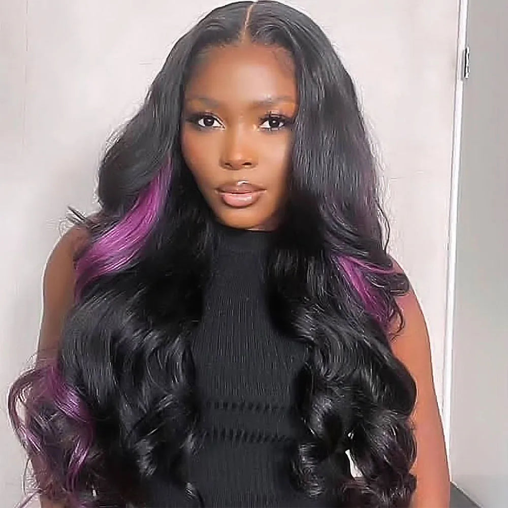Uniisoe Highlight Purple and Black Wave Lace Front Human Hair Wigs 36 Inches 200% Black Women13x4 Transparent Lace Brazilian Wig
