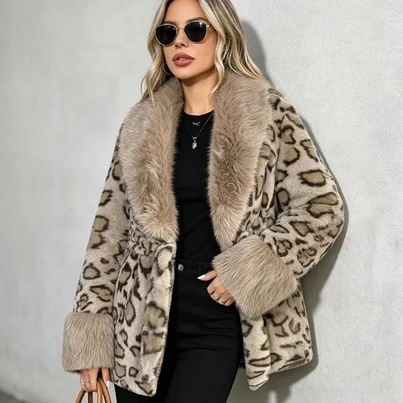 Leopard Print Faux Fur Patchwork Winter Overcoat for Women