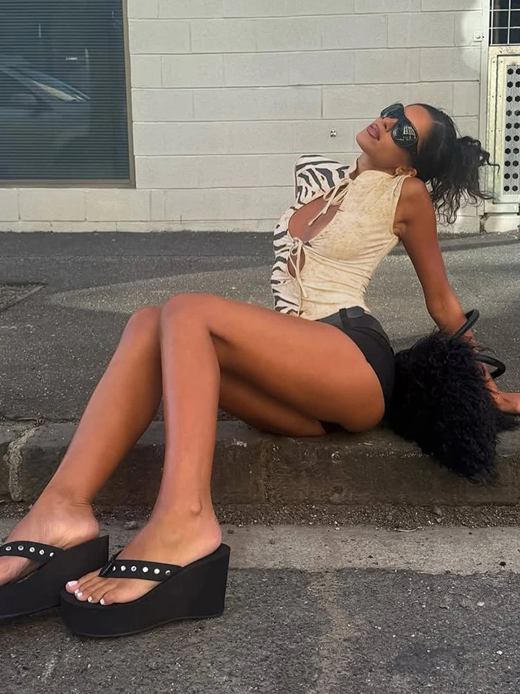 Tiger Print Tassel Cutout Slim Fit Vest Top for Women