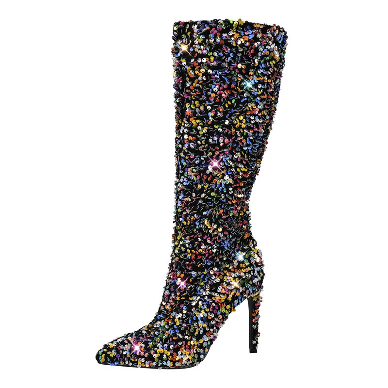 Winter Warm Pointed Toe Stiletto High Heel Mid Calf Faux Fur Boots for Women