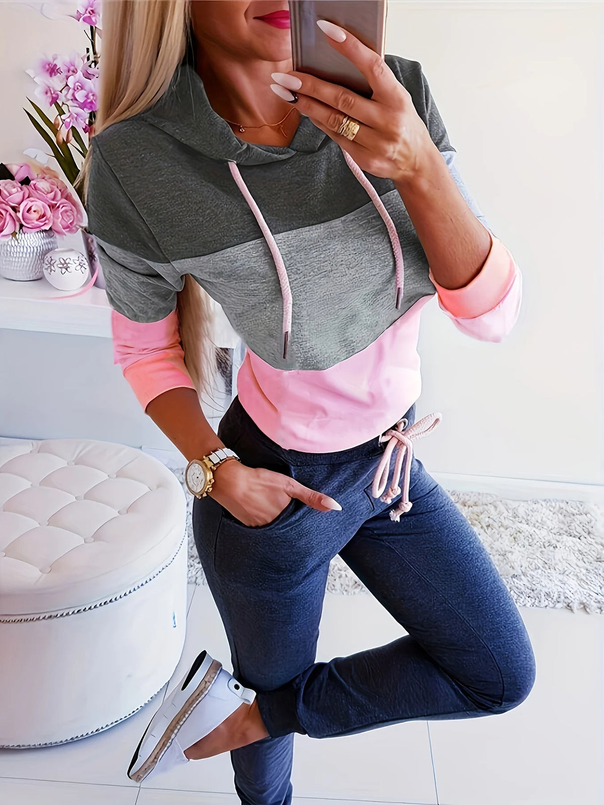 Trendy Color Block Long Sleeve Loose Fit Top for Women