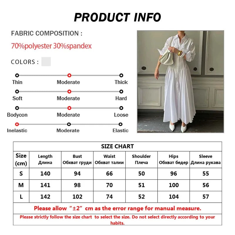 Oymimi Elegant White Lapel Women's Dress Fashion Three Quarter Sleeve Pockets Dresses Casual Button Pleated Ankle-Length Dresses