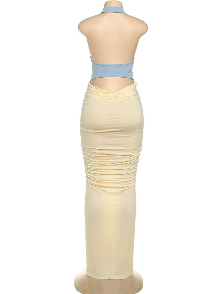 Weird Puss Ruched Maxi Dress Women Sexy Color Blocking Halter Backless Thin Slit Summer Trend Birthday Party Clubwear Vestidos