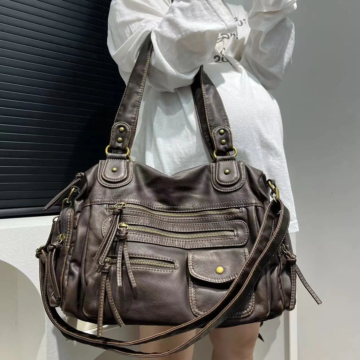 Washed Leather Look Crossbody Bag