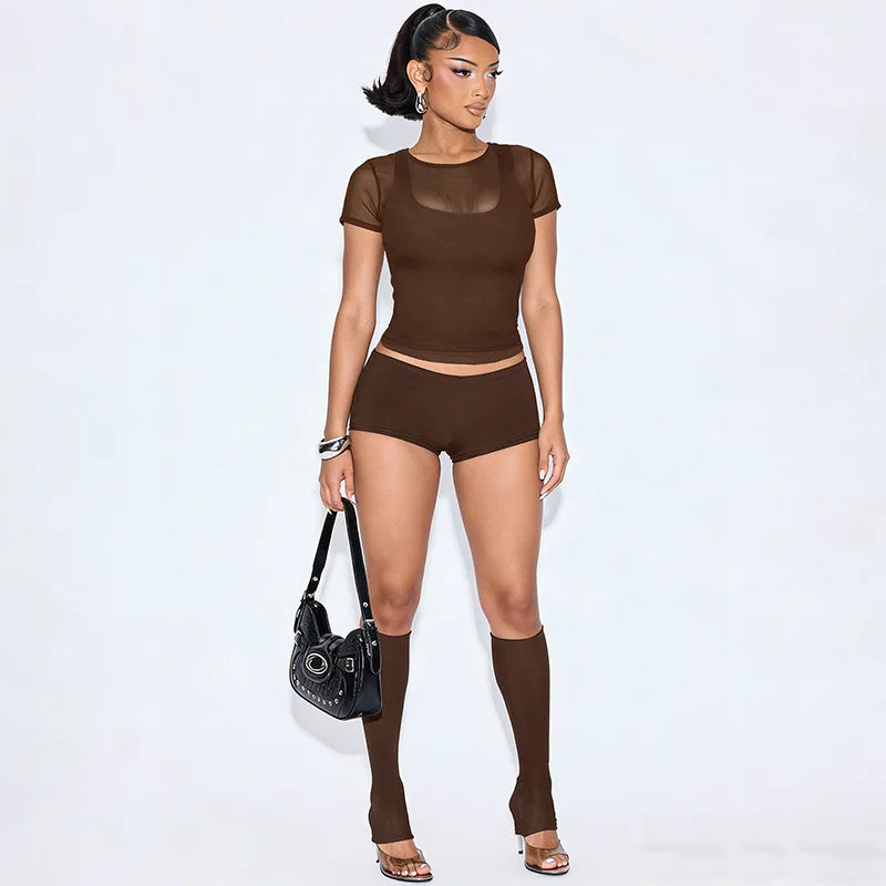 Sexy Mesh Patchwork Crop Top and Shorts Set for Women
