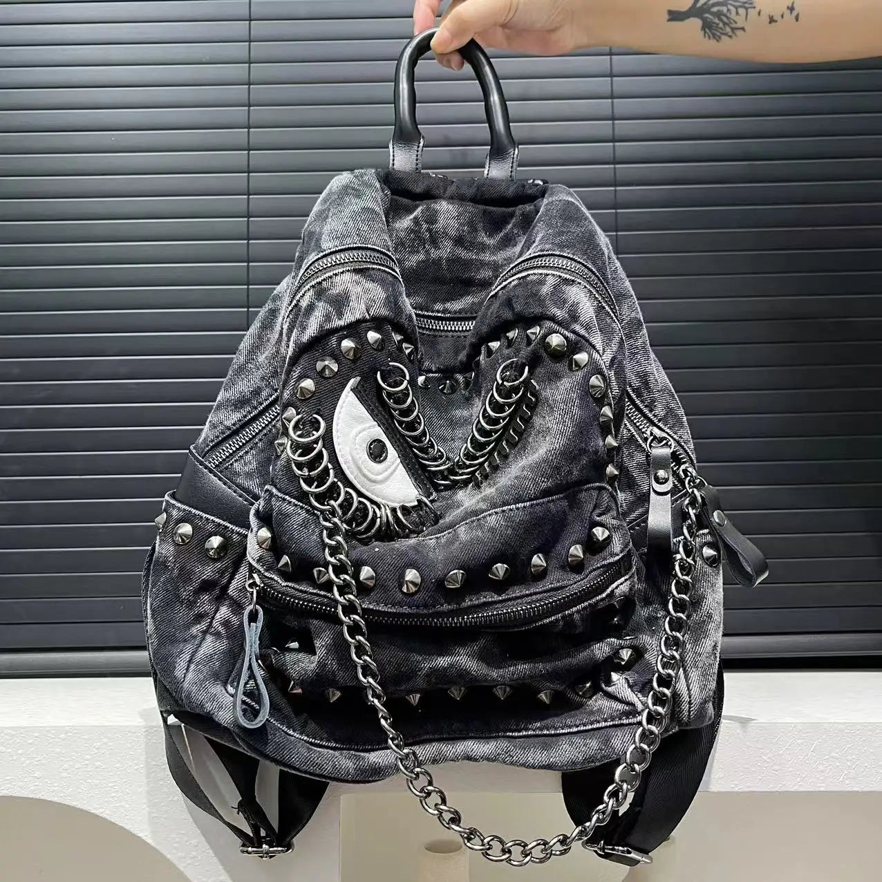 Steampunk Denim Backpack with Chain Details for Women