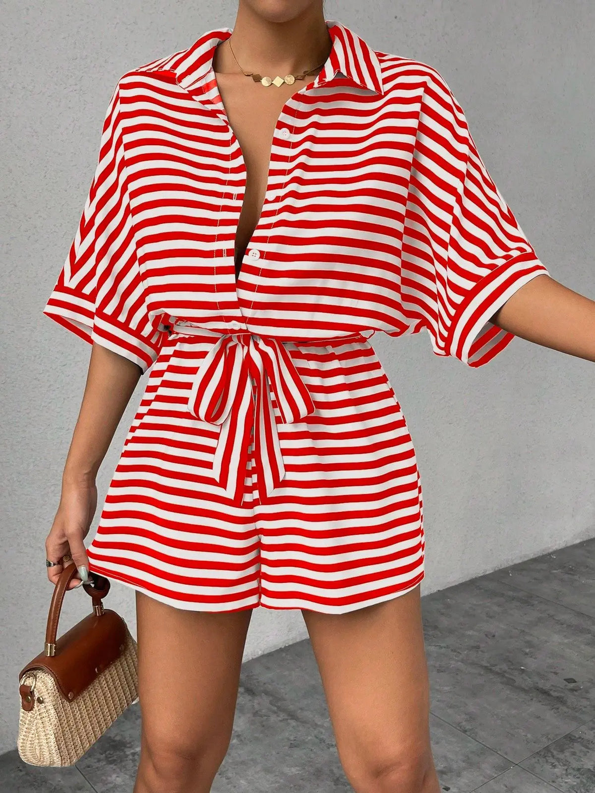 Casual Striped Batwing Sleeve Top And Shorts Set For Women