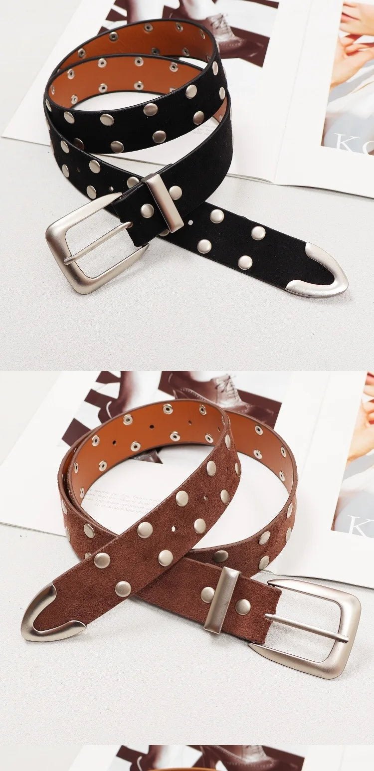 Retro Solid Color Suede Rivet Waist Belt for Women