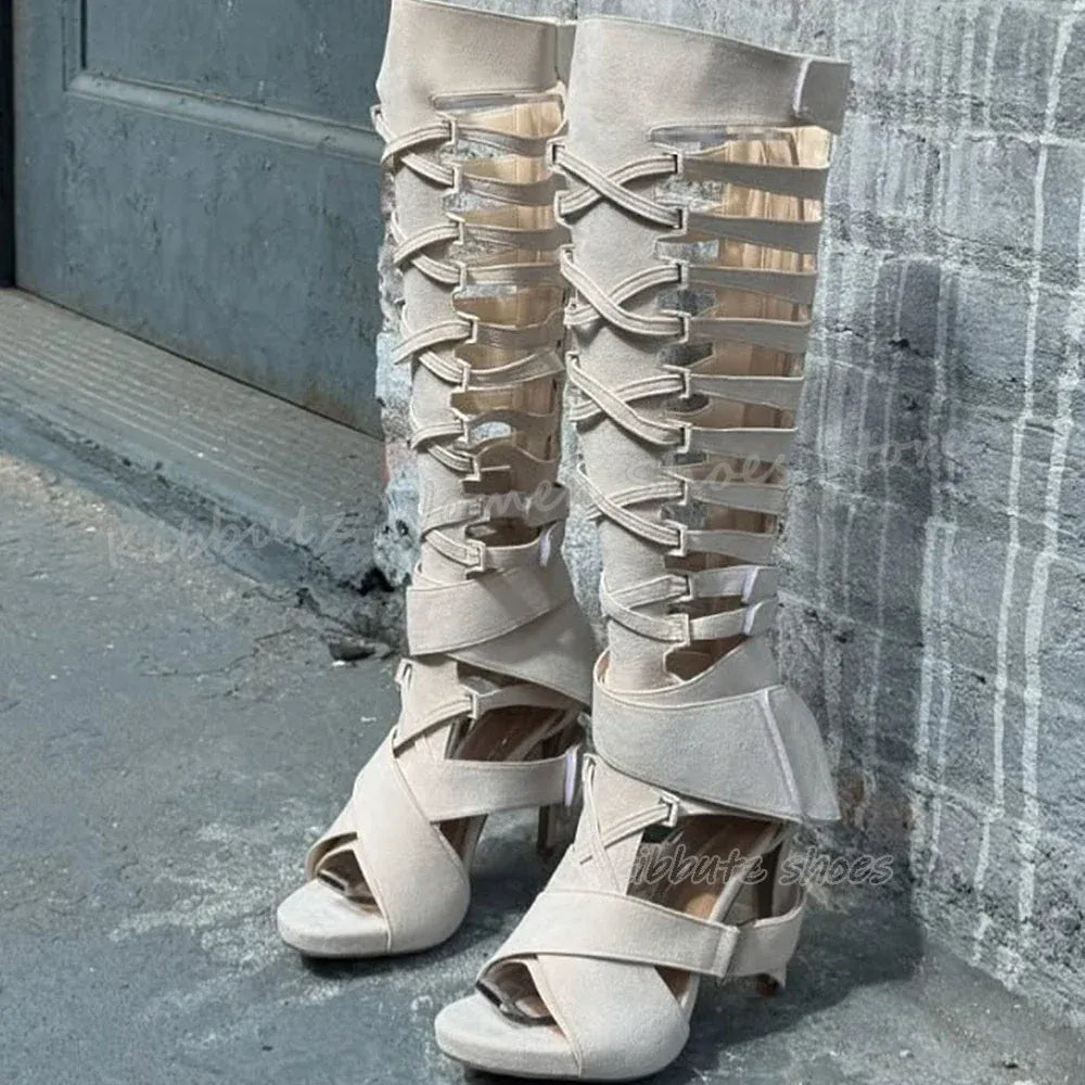 Cross Strap Suede Knee High Boots