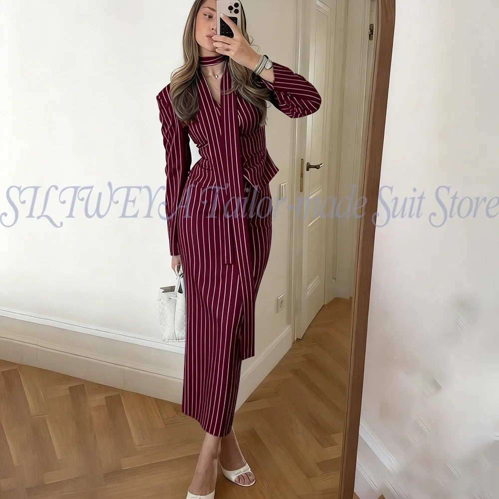 Single Breasted Blue Striped Blazer Skirt Set for Women