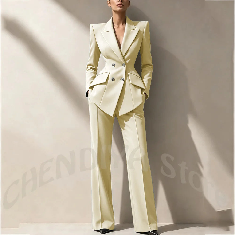 New Arrival Women's Two Piece Suit Peak Lapel Slim Fitted Classic Double Breasted Wedding Guest Evening Gala Party Female Set