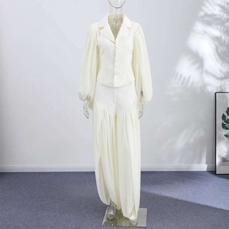 Tailored Lapel Jacket and Pleated Trousers Set for Women