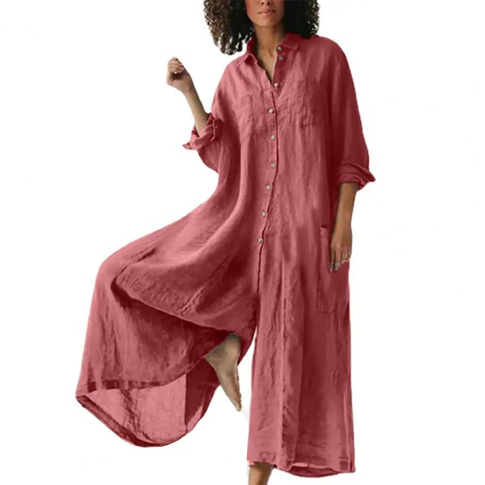 Oversized Cotton Linen Wide Leg Jumpsuit with Pockets for Women