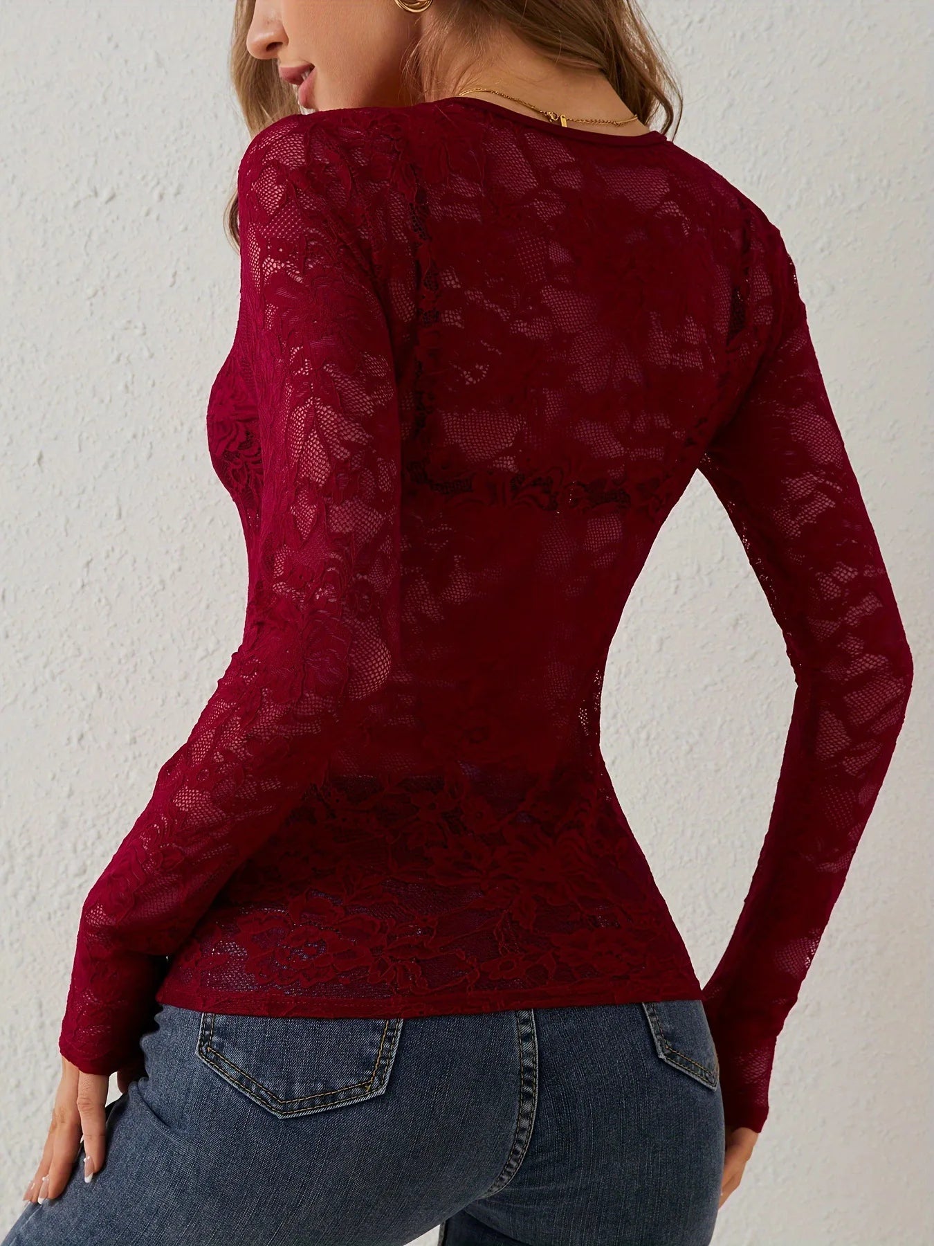 V-Neck Sheer Lace Long Sleeve Top with Scallop Trim for Women