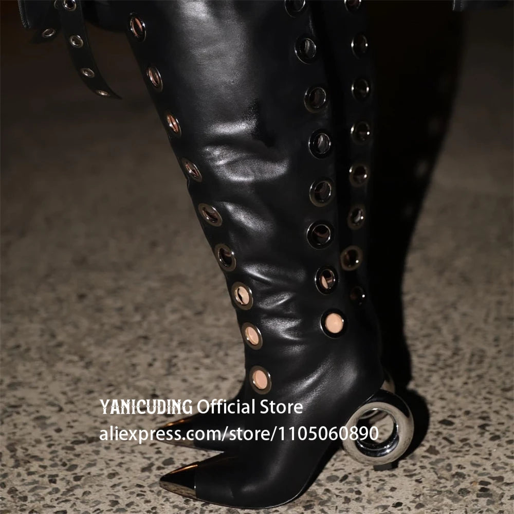 Metal Eyelet Pointed Toe Over The Knee Boots for Women