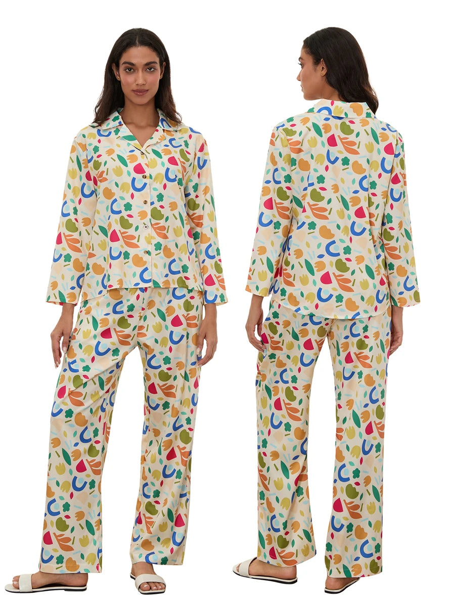 Women Pajamas Set 2 Pieces Loungewear Suits Fashion Print Button up Long Sleeve Tops and Elastic Pants Sleepwear Outfits Pjs