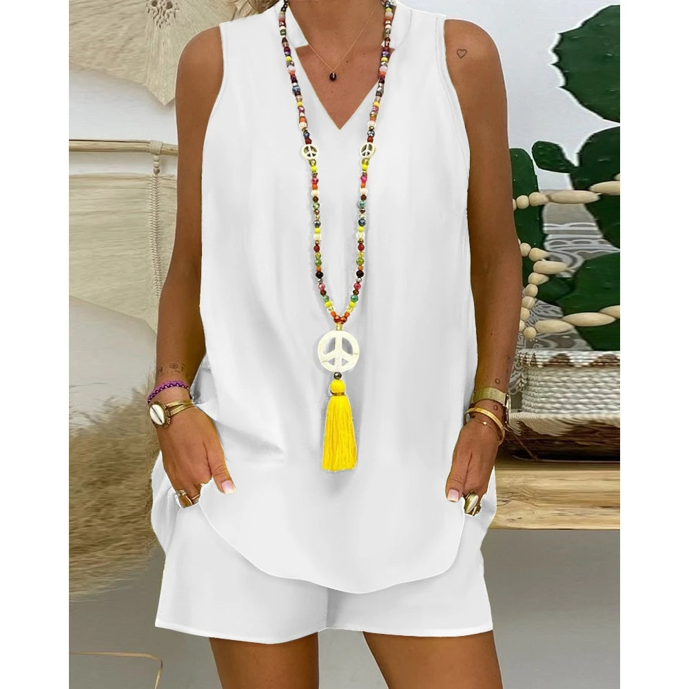 Sleeveless V-Neck Top and Shorts Set for Women Casual Solid Outfits Sexy Clothing Pocket Design Summer Fashion
