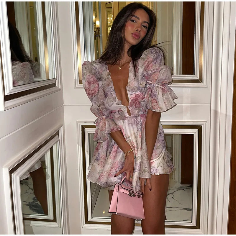 Floral Printed Ruffle Mini Dress with Deep V Neck for Women