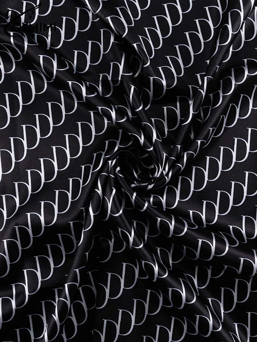 Oymimi Fashion Black Print Womens 2 Piece Outfit Set Elegant Lapel Long Sleeve Shirts And High Waisted Lopse Straight Pants Sets