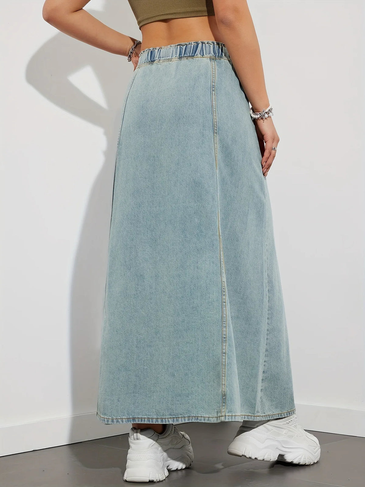 Elastic Waist Lace Up Loose Casual Denim Maxi Skirt for Women