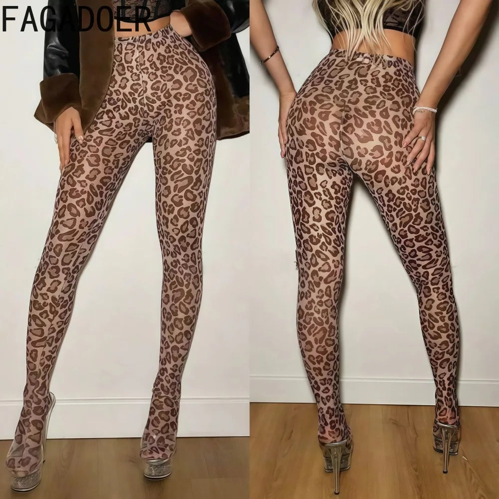 FAGADOER Sexy Fur Patchwork Woman 2 Piece Set Outfit Deep V Backless Lace Up Crop Top + Leopard Print Pants Female Streetwear