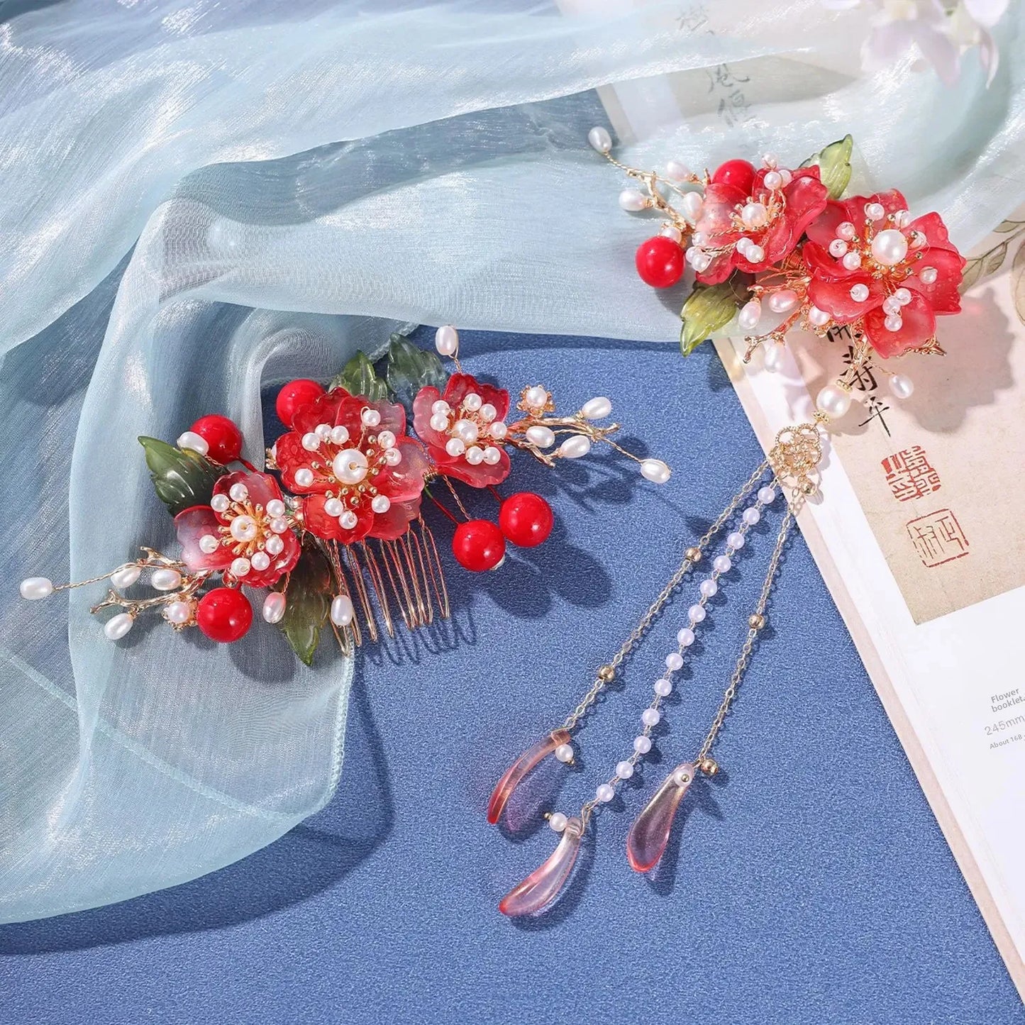 Red Flower Tassels Hair Comb Set