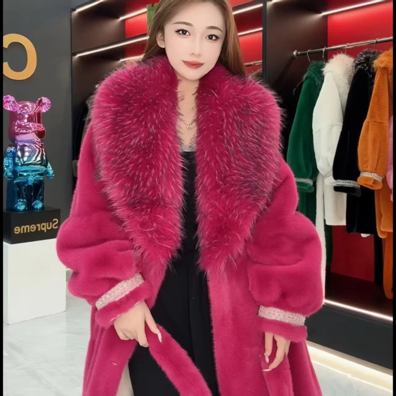 Faux Fur Coat for Women,Turn-down Collar,Loose Thicken Warm Jacket,Female Clothes,Adjustable Waist,New ,Winter