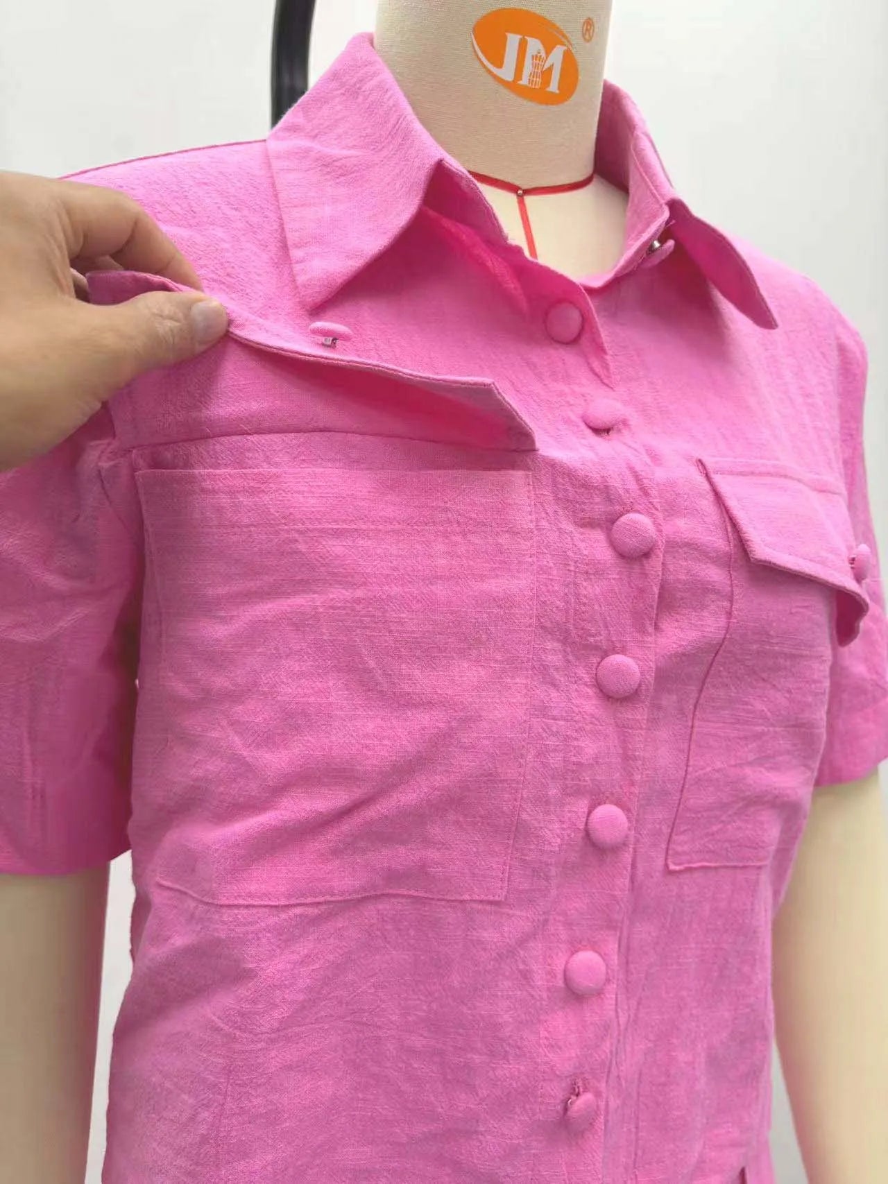 Two Pieces Women Pant Sets Solid Matching Sets Pocket Button Short Sleeve Top Empire Waist Wide Leg Pants Loose Fit 2025 Summer