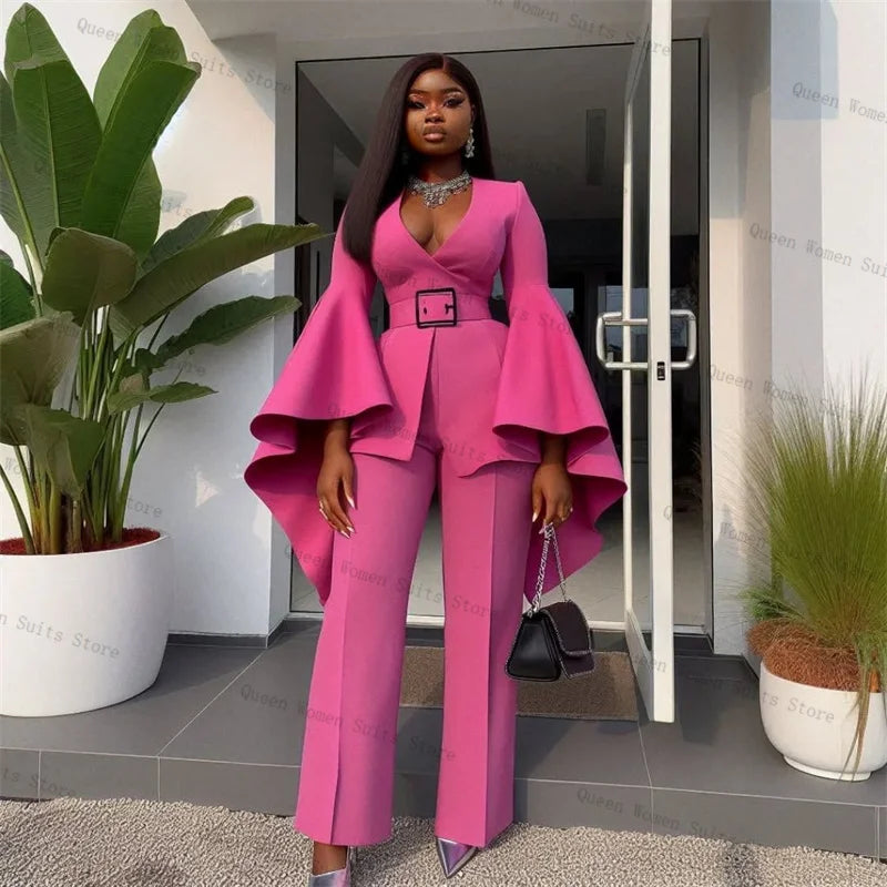 Pink Cotton Classic Two Piece Suit With Wide Sleeve Pants For Women
