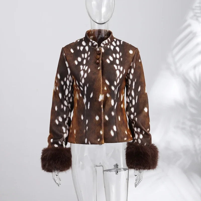 Fitted Vintage Leopard Patchwork Faux Fur Coat for Women