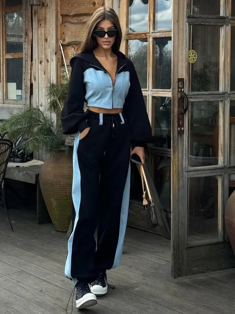 Fashion Patchwork Denim 2 Piece Sets Women Zip Hoodies Crop Top Wide Leg Sweatpants Suit Streetwear Casual Tracksuits Outfits