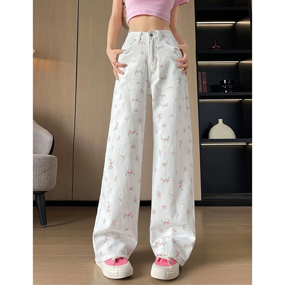 High Rise Wide Leg Printed Denim Pants For Women