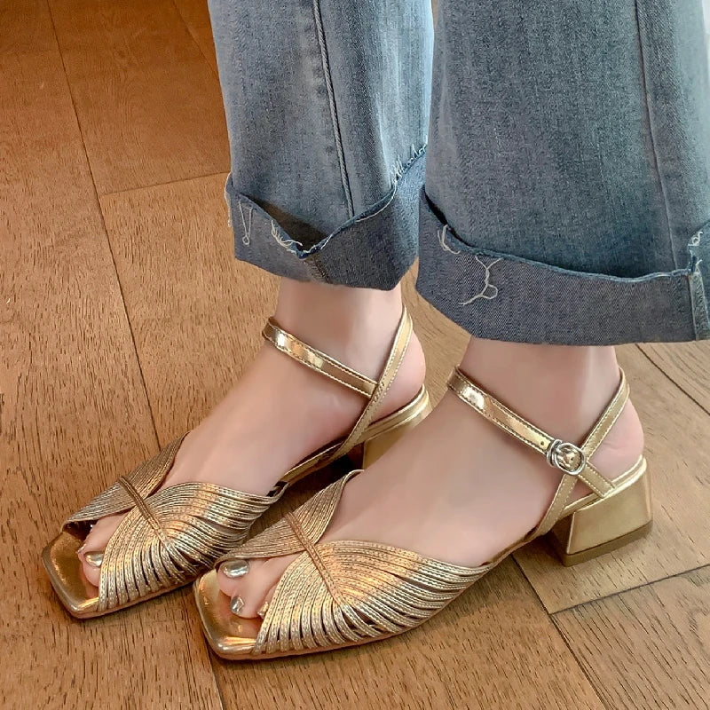 Leather Low Heel Peep Toe Sandals
