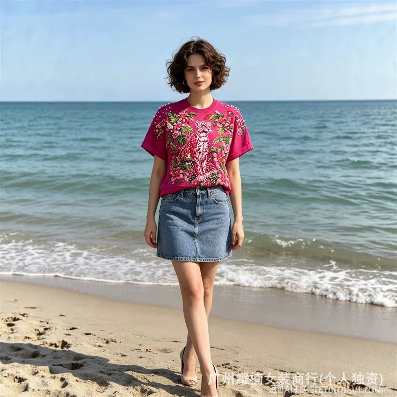 Relaxed Fit Beaded Animal Print Crew Neck Tee For Women