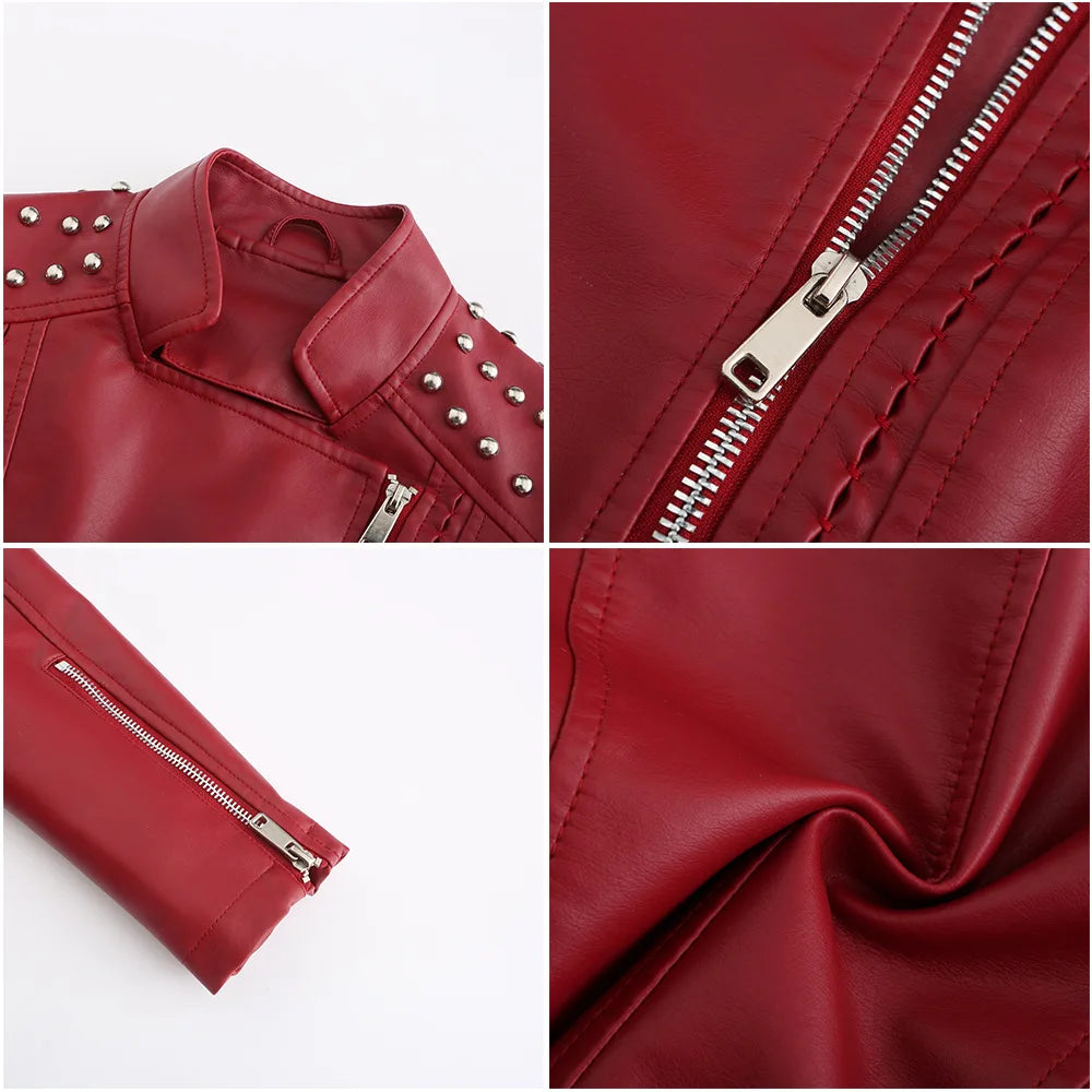 Embroidered Faux Leather Motorcycle Jacket for Women