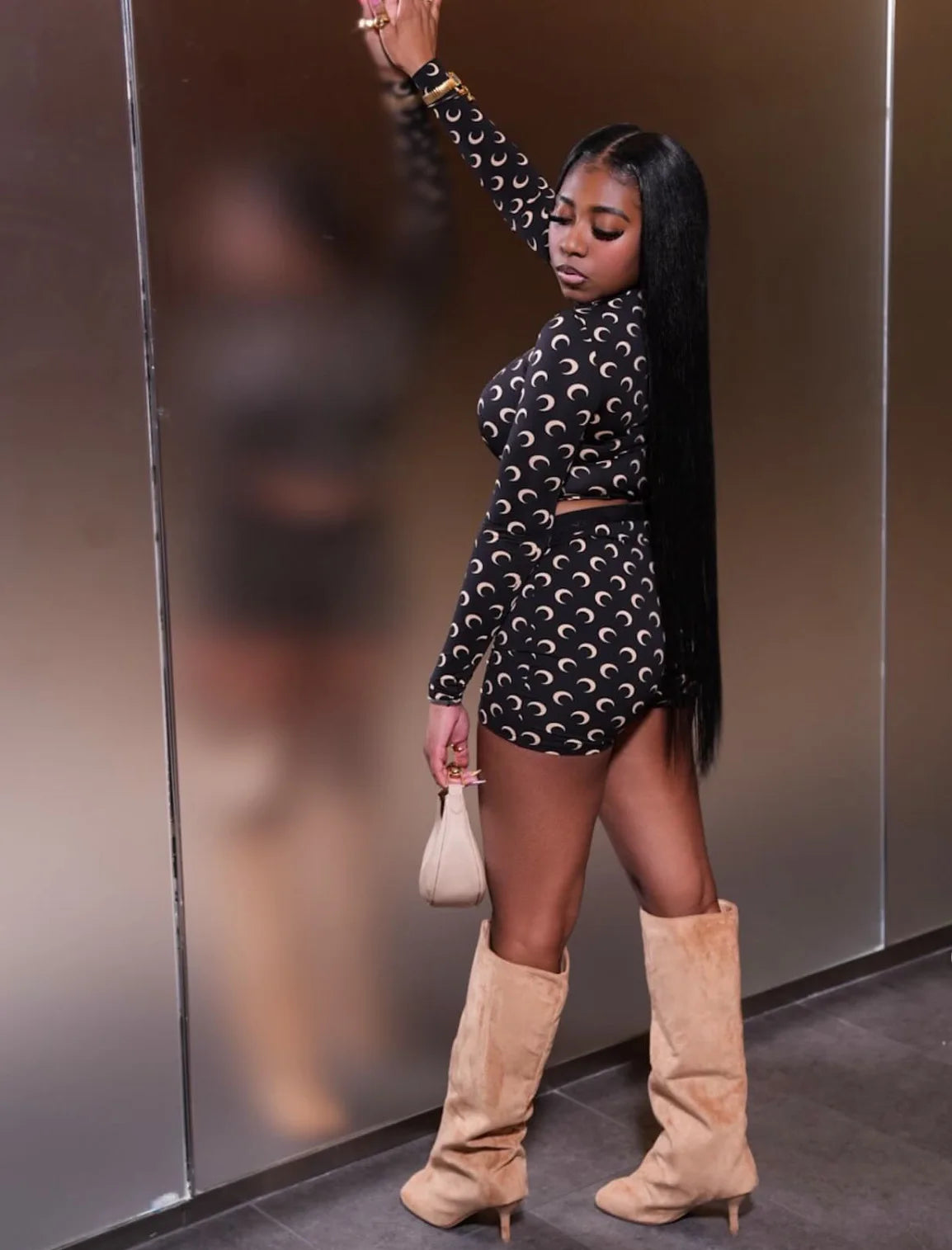 Retro Moon Print Long Sleeve Top And Shorts Set for Women