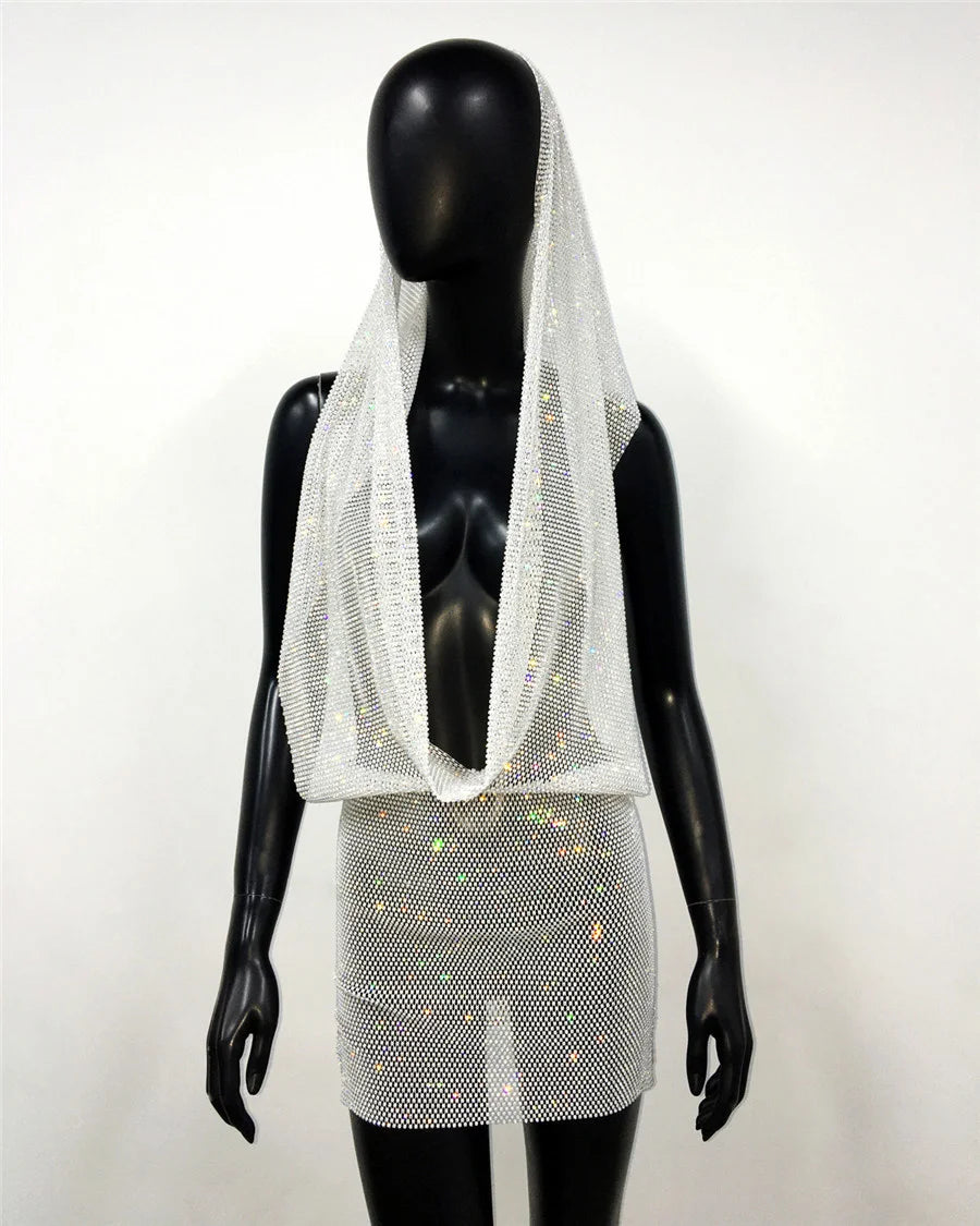 Y2K Rhinestone Sheer Mesh Festival Mini Dress for Women