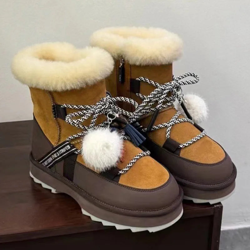 Plush Warm Snow Boots For Women Fashion Short Thick Non-slip Sports Shoes Lace-up Zipper Ankle Boots Thick Sole Shoelace Pendant