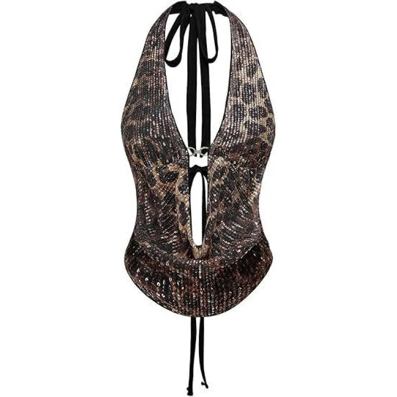 Sequin Snake Print Open Back Sleeveless Halter Top for Women