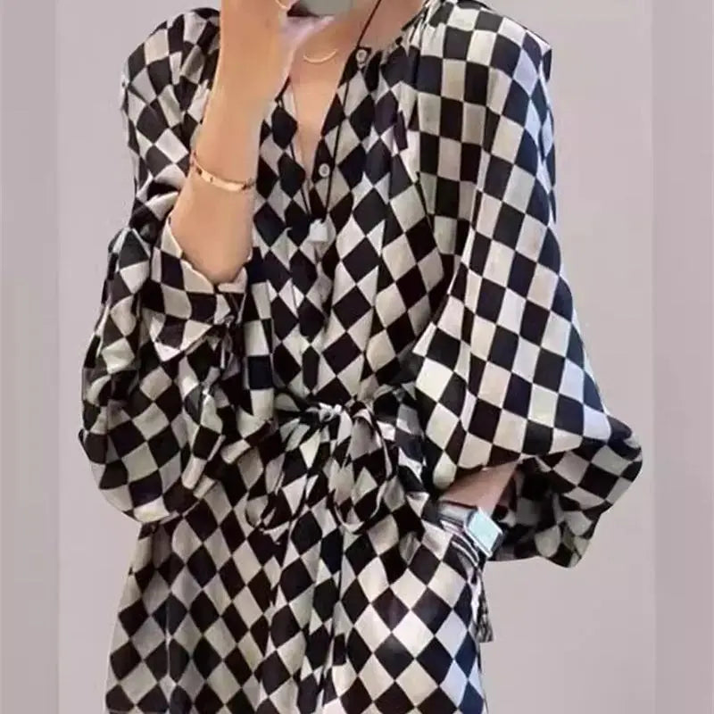 Lace Up Lantern Sleeve Plaid Dress