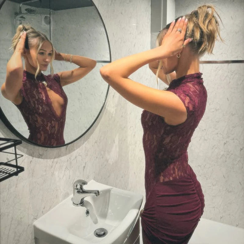 Lace Patchwork High Neck Bodycon Mini Dress for Women