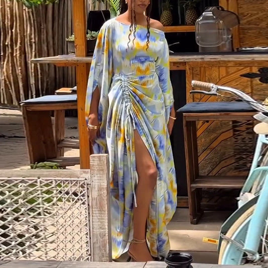 Fashion Asymmetrical Batwing Sleeve Women's Dress Summer Casual Loose Drawstring Long Dress Retro Floral Print Muslim Robe Dress