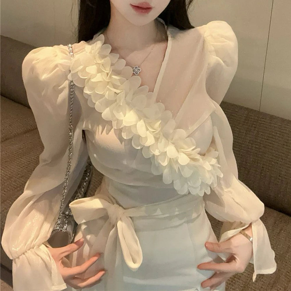 V Neck Bubble Sleeve Chiffon Blouse