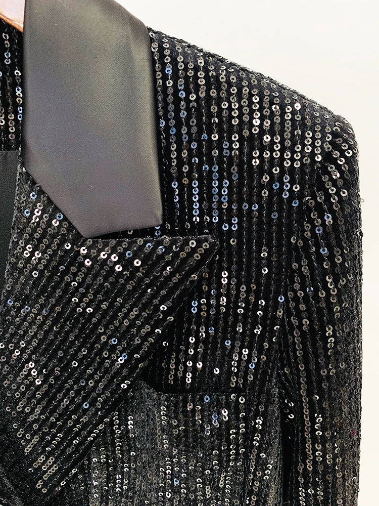 HIGH STREET 2024 Newest Designer Fashion Runway Suit Set Women's Slim Fit Glitter Sequined Velvet Blazer Flare Pants Set 2pcs