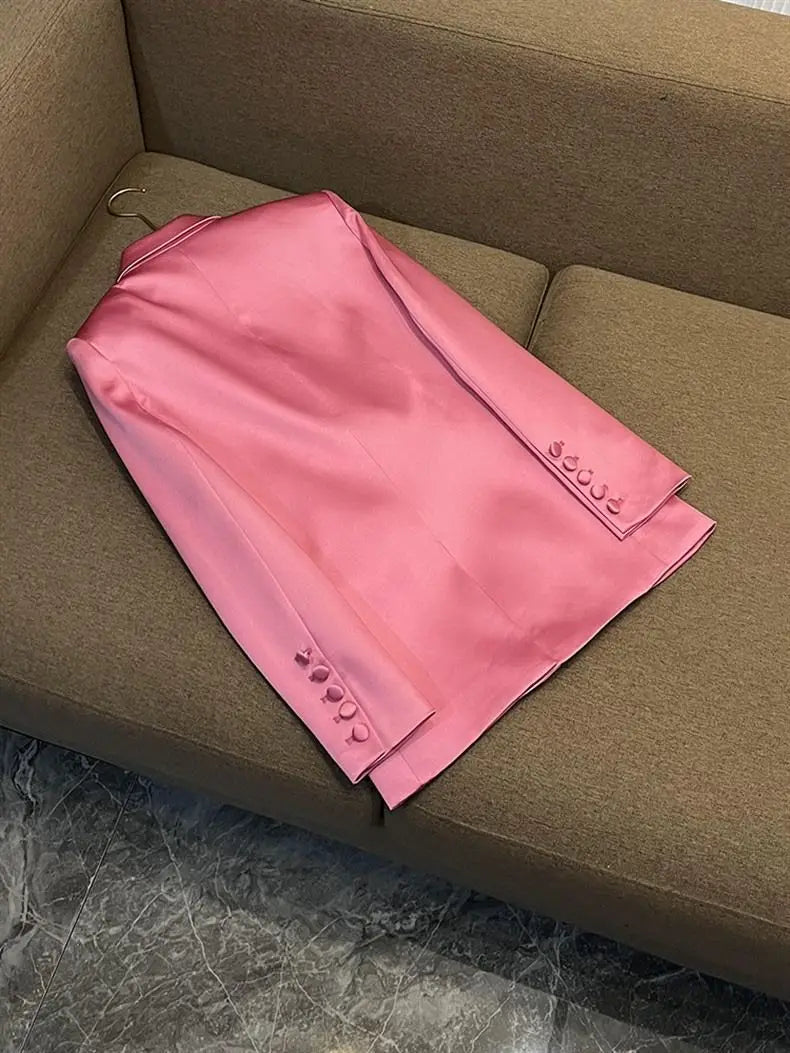 Elegant Pink Long Sleeve Blazer And Short Skirt Set For Women