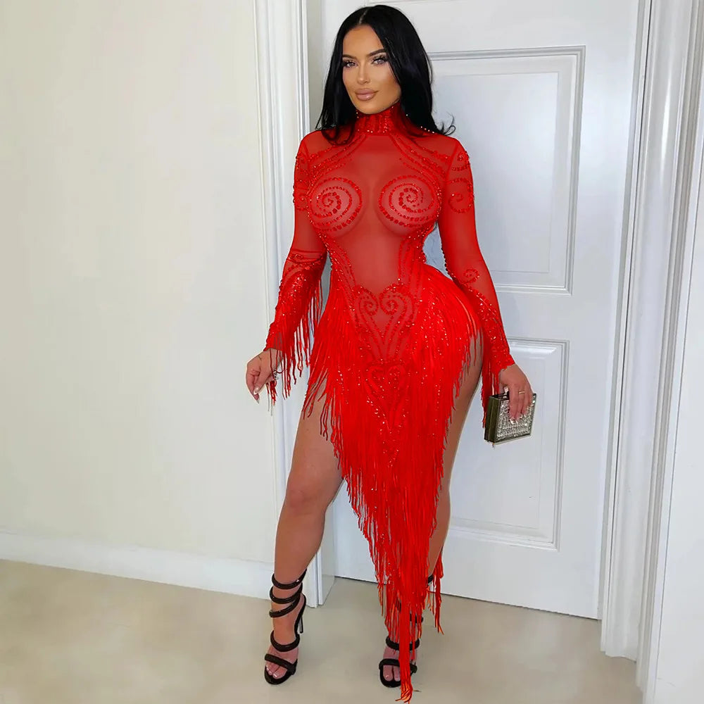 Rhinestone Mesh Tassel Bodycon Mini Dress for Women