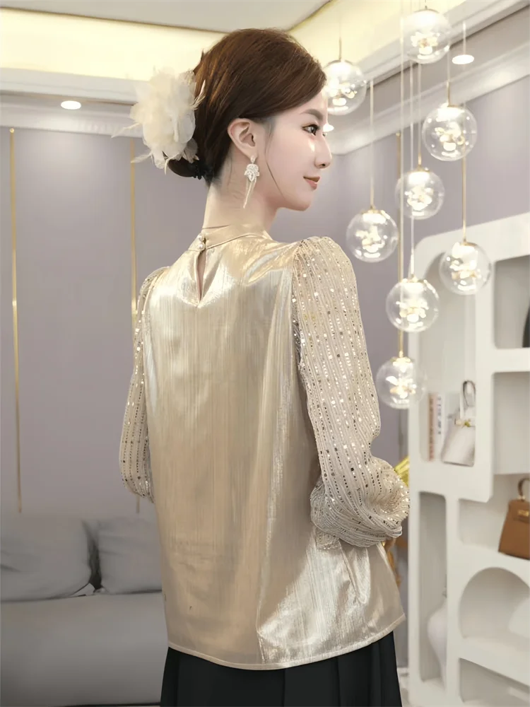 Chiffon Loose Small Stand Up Collar Bow Blouse for Women