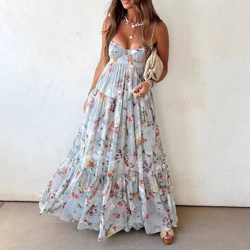 Off Shoulder Pleated Bohemian Maxi Dress for Women