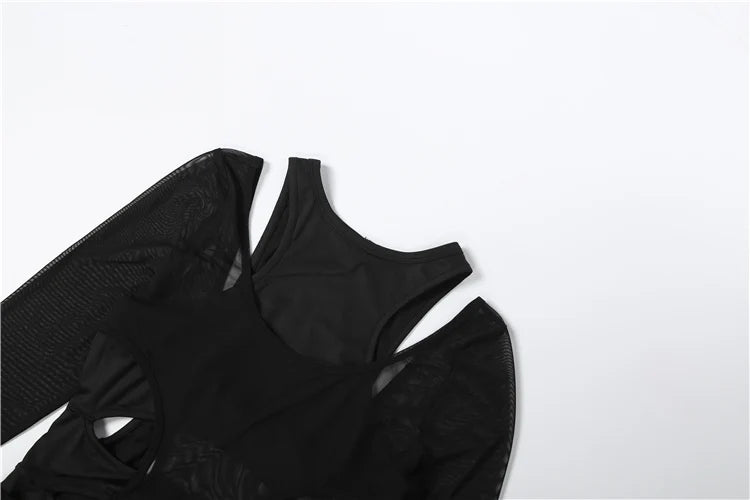 Mesh Patchwork Bodysuit With Long Sleeves for Women